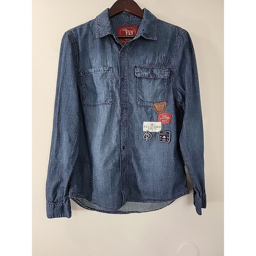 Born Fly Men’s Medium Denim Shirt Patches Full Back Graphic Long Sleeve‎ Button